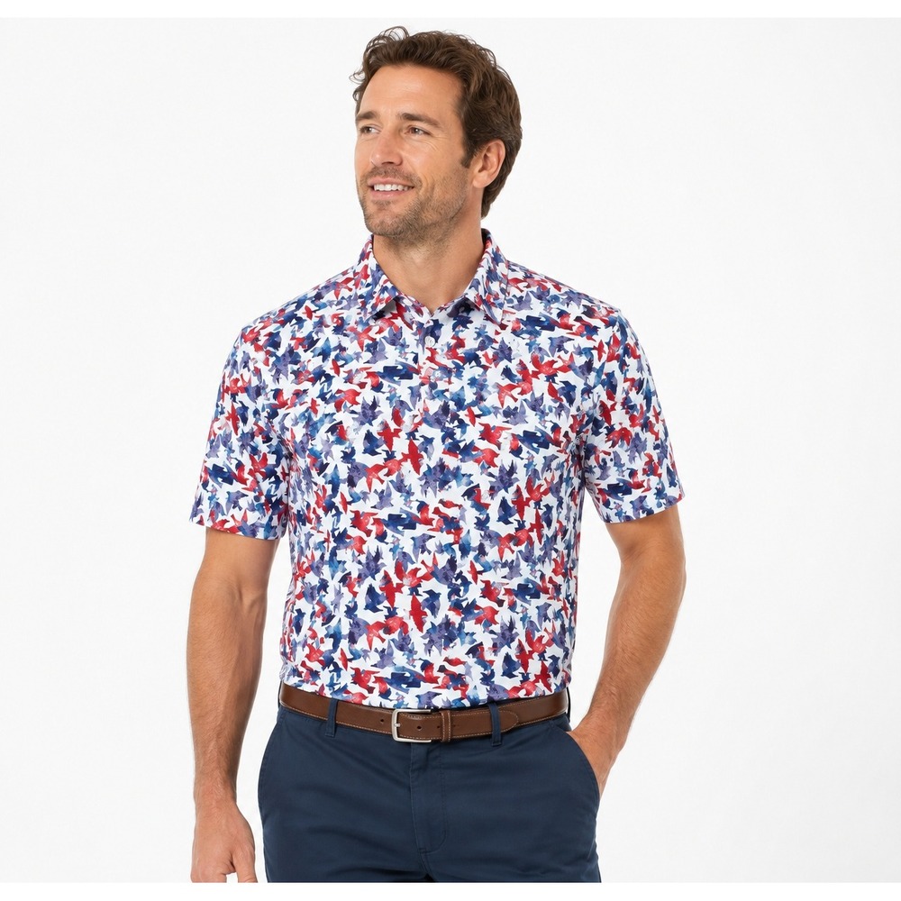 1764 Signature Polo Shirt Bird Print Red Blue Watercolor Golf Casual Large